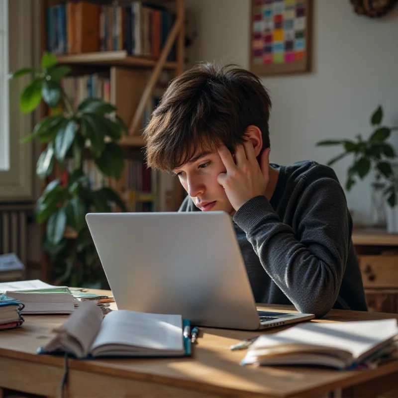 A teenage boy sitting at a desk, focused on a laptop, with books and school supplies around him.