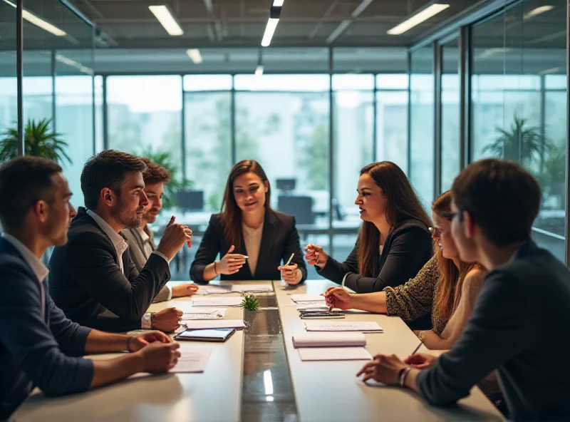 A modern office space with people collaborating around a table.