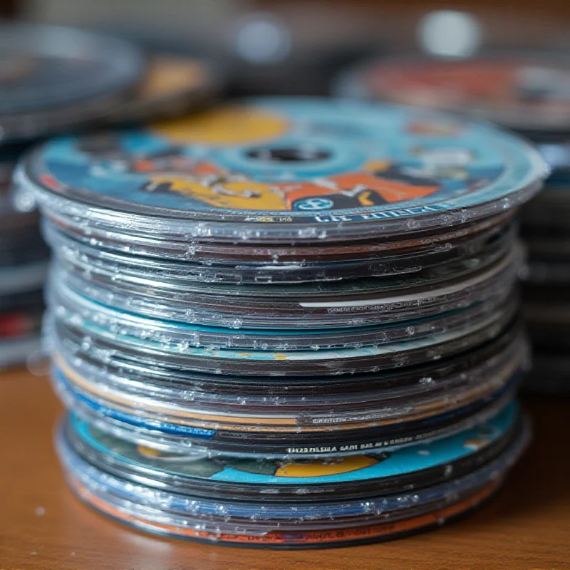 A stack of physical video game discs with blurred background.