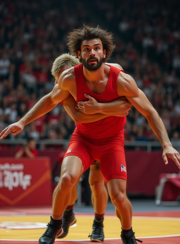 Action shot of Buvaisar Saitiev wrestling in the Olympics, wearing a red singlet