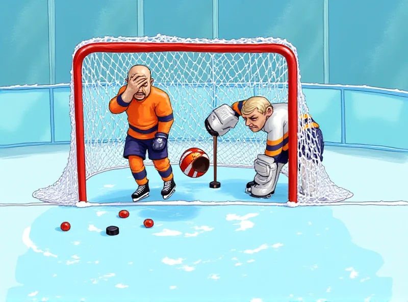 Cartoon illustration of a hockey puck going into a net, with a confused player in the background