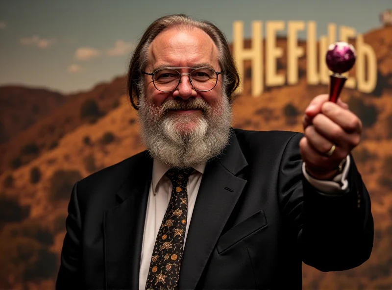 Francis Ford Coppola holding a Razzie award, smiling wryly, with a Hollywood backdrop.