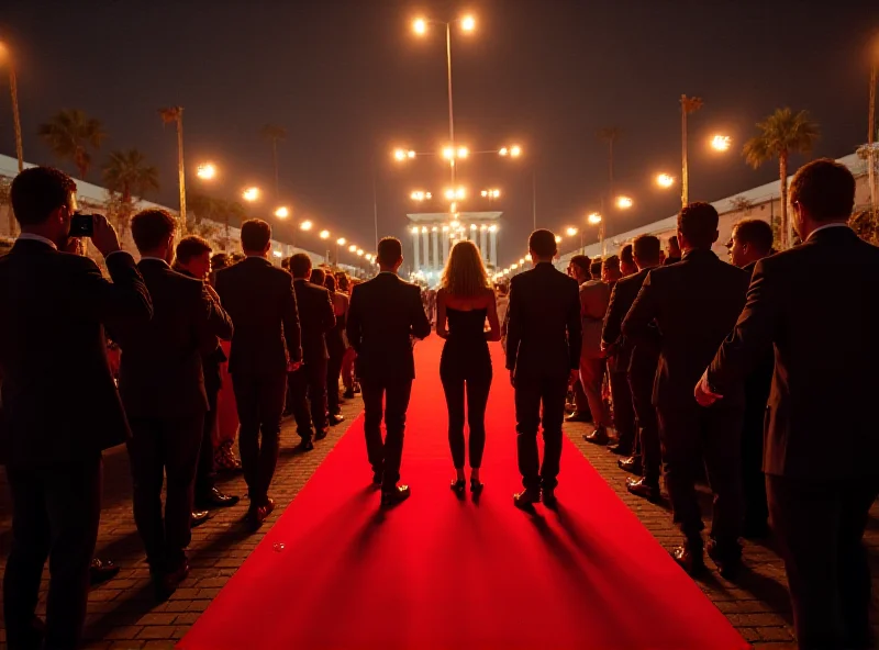 A group of people walking on a red carpet at night in front of a building with bright lights.