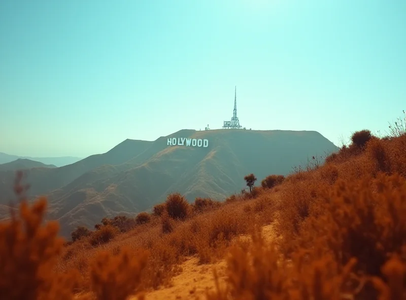 A wide shot of the Hollywood sign on a sunny day with a hazy, almost apocalyptic looking sky. Dust and smoke are in the air.