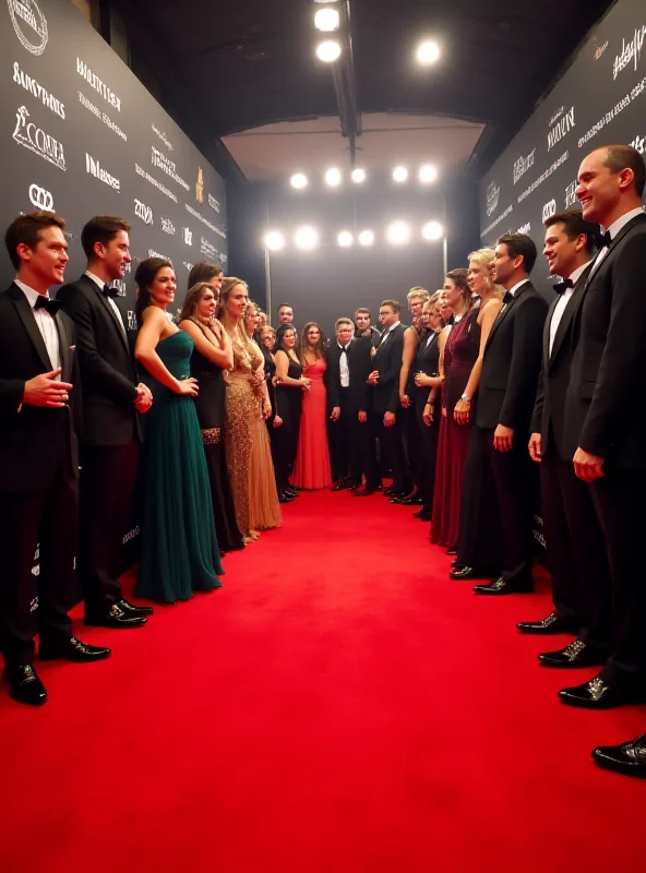 A photograph of a red carpet event, showing celebrities dressed in formal wear posing for photographers. The background is blurred with bright lights and media personnel.