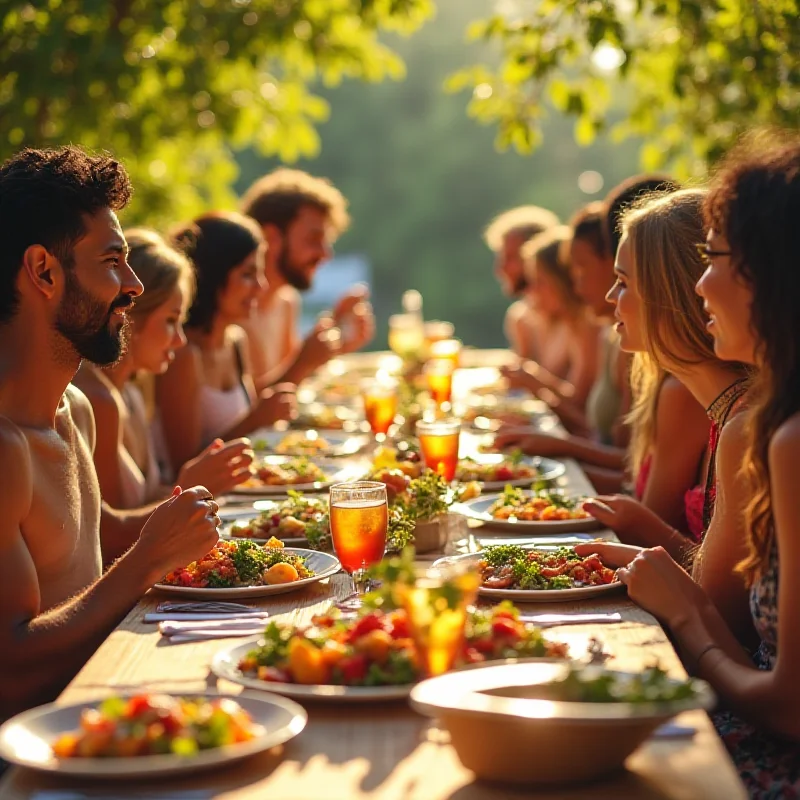 A still from the documentary 'Food for Thought', showing a diverse group of people enjoying a vegan meal outdoors in a sunny location. The scene is bright and cheerful, emphasizing the appeal of plant-based diets.