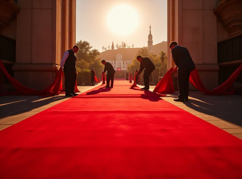 A wide shot of a garnet-colored red carpet being unrolled, surrounded by crew members and equipment. The Hollywood sign is faintly visible in the background.