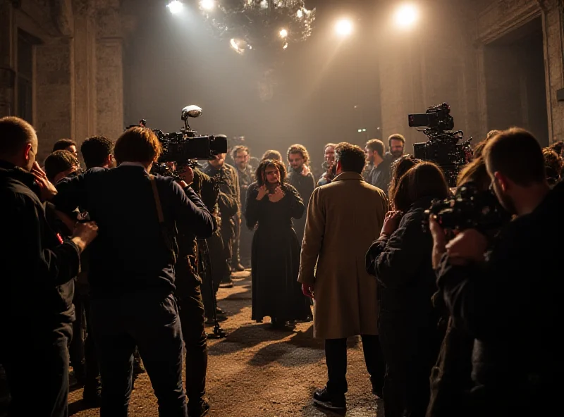 A film crew working on a movie set in Budapest, Hungary. The set appears to be a historical scene, with actors in period costumes and props. The atmosphere is busy and focused.