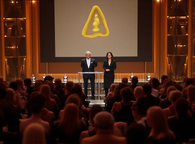 A wide shot of the Oscars ceremony stage with presenters in formal attire.