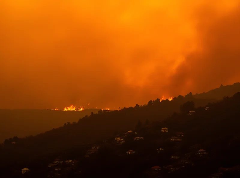 A dramatic aerial view of a wildfire raging near a residential area in Los Angeles, with smoke billowing into the sky.