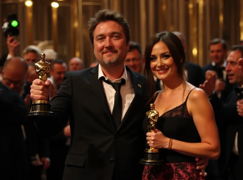 Kieran Culkin holding his Oscar, smiling broadly, with his wife standing next to him, also smiling.