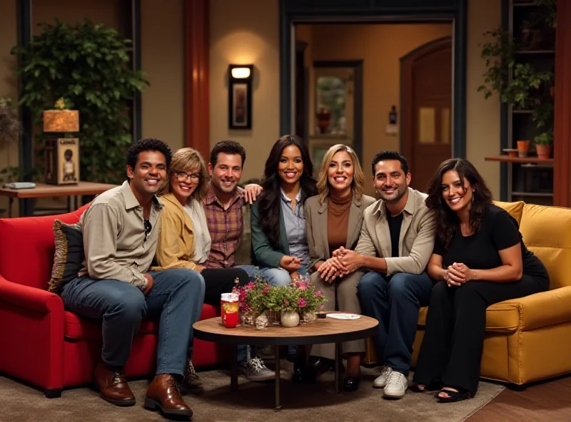 A diverse group of people sitting on a couch, laughing and talking. The scene resembles a sitcom set, with bright lighting and multiple cameras.