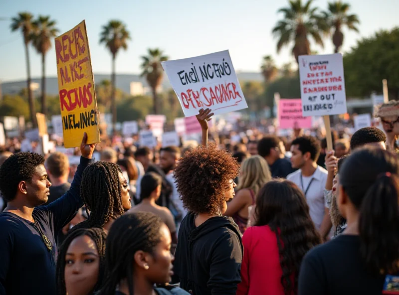 A protest scene with people holding signs advocating for diversity and inclusion in the entertainment industry. The signs feature slogans and messages related to ending racism and promoting equal opportunities.