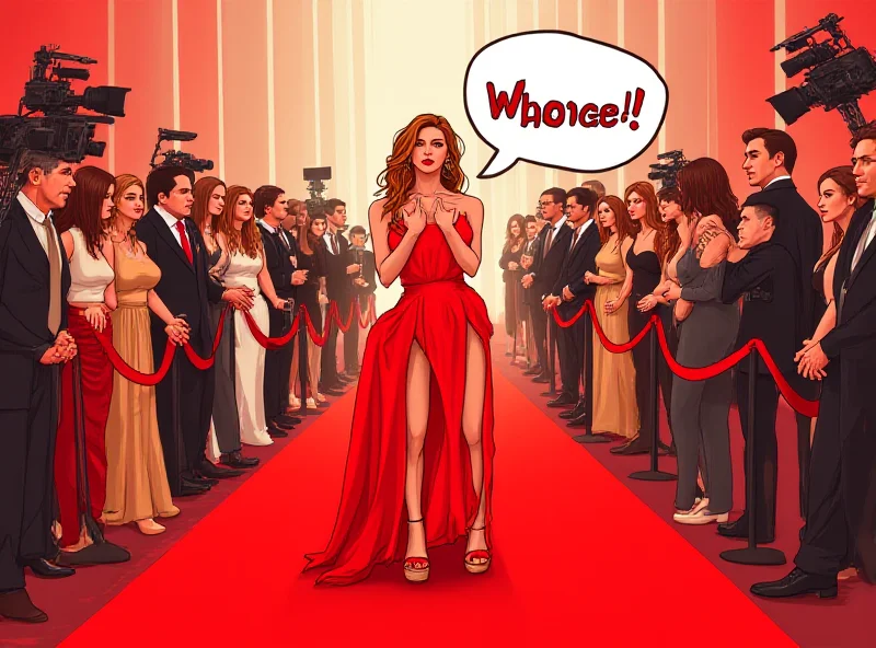 Illustration of a red carpet scene with female celebrities looking frustrated and a speech bubble saying 'Enough!'