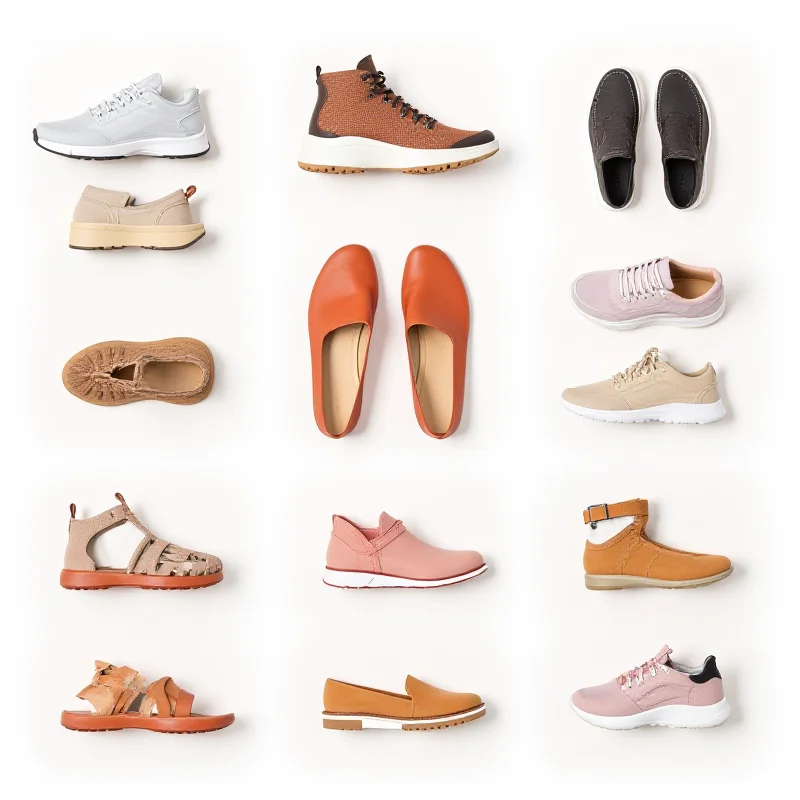 Collage of different types of comfortable shoes, including sneakers, sandals, and flats, in various colors and styles.