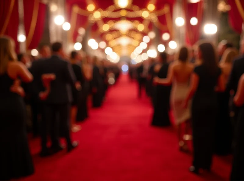 A wide shot of the Oscars red carpet, filled with celebrities in glamorous attire, flashing lights from cameras, and a general atmosphere of excitement and anticipation.