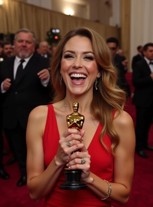 Mikey Madison holding her Oscar statuette, smiling brightly on the red carpet, with a glamorous dress and makeup.