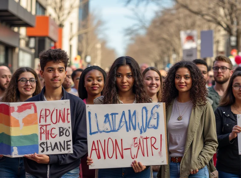 A diverse group of young people holding signs with LGBTQ+ pride symbols and slogans, participating in a peaceful protest or rally.