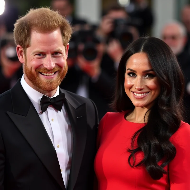 A split image. On one side, a smiling portrait of Prince Harry. On the other side, a smiling portrait of Meghan Markle. The background is a red carpet event.