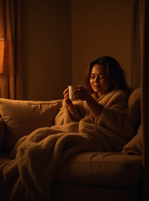 Person relaxing on a couch wrapped in a soft blanket with a cup of tea in hand