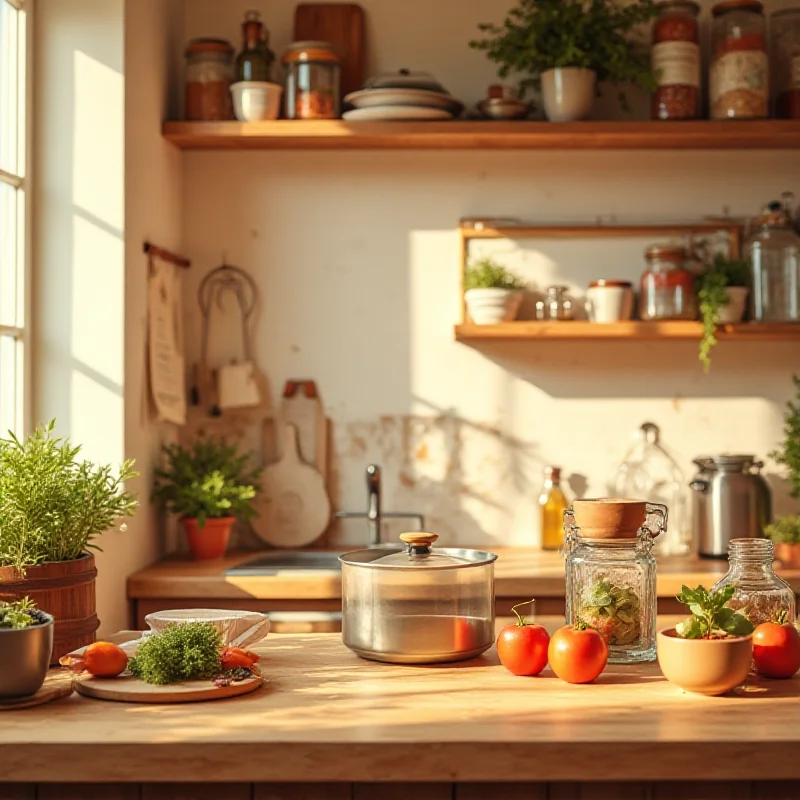 Warm and inviting kitchen with soft lighting, wooden accents, and various cooking utensils