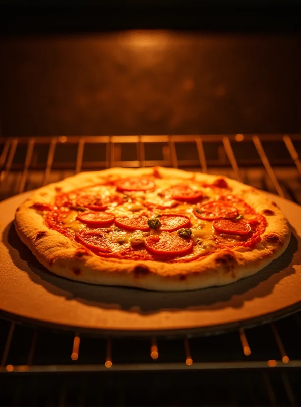 Close-up of a homemade pizza being cooked on a pizza stone in an oven