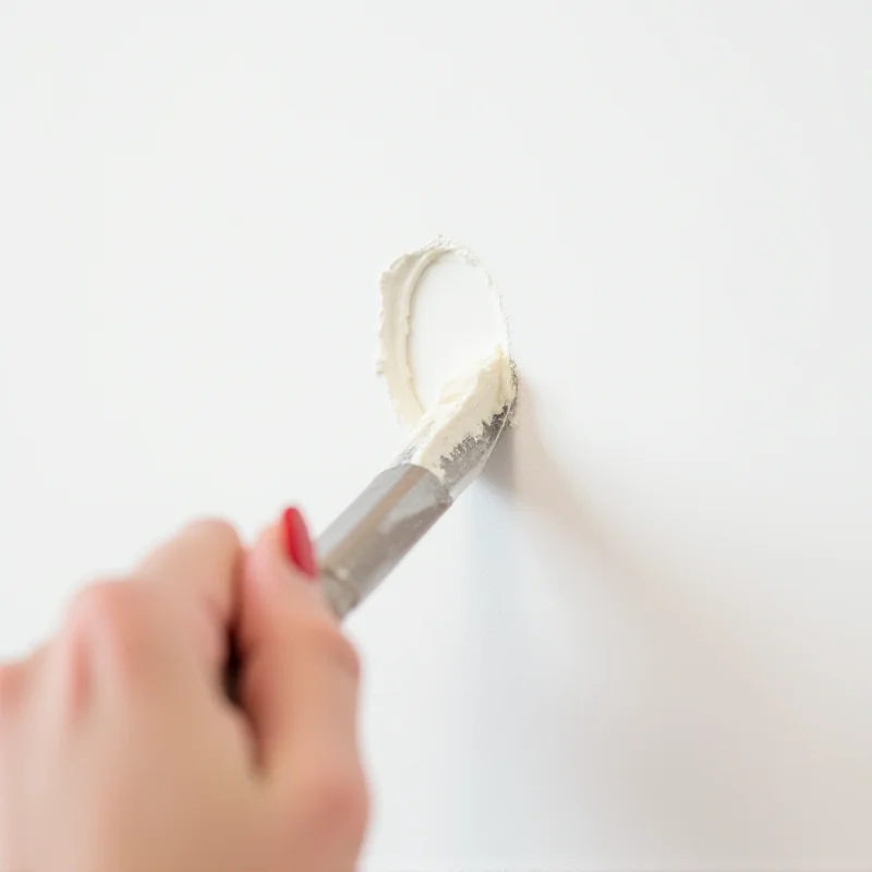 A person patching a hole in drywall with spackle.