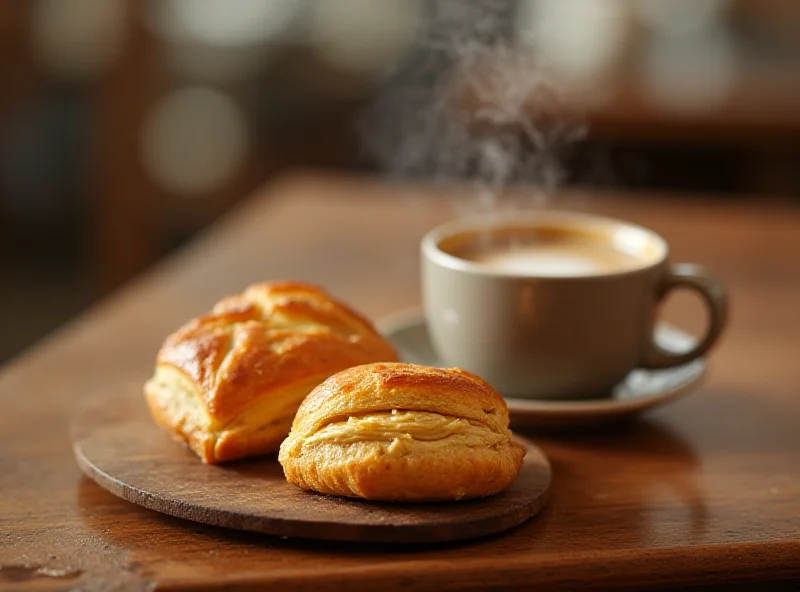 A close-up shot of a delicious-looking pastry and a cup of coffee on a wooden table, with a blurred background.