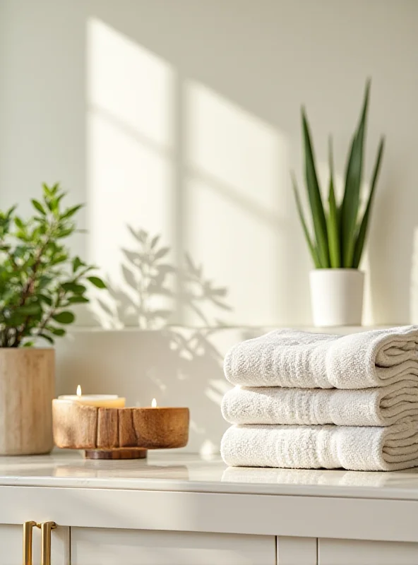 A brightly lit, modern bathroom with stylish coordinated accessories from Target. Towels are neatly folded, and there are plants and candles for a spa-like atmosphere.