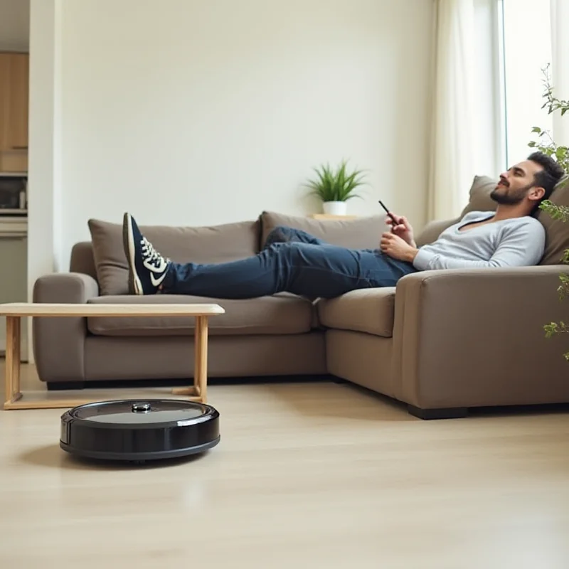 A person relaxing on a couch while a robot vacuum cleaner autonomously cleans the floor. The room is tidy and well-lit.