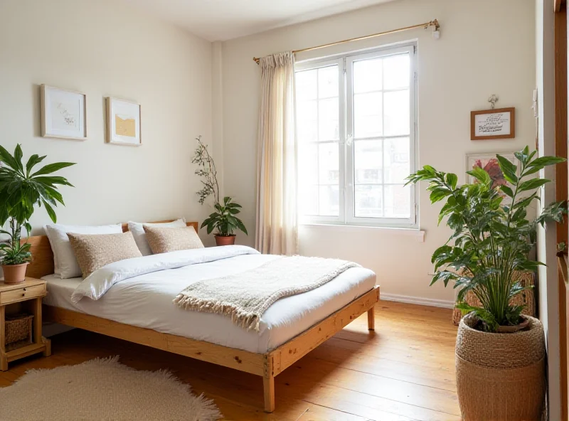 A beautifully decorated studio apartment with a wooden bed frame