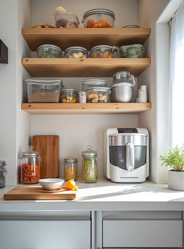 A well-organized small kitchen with space-saving containers and gadgets.