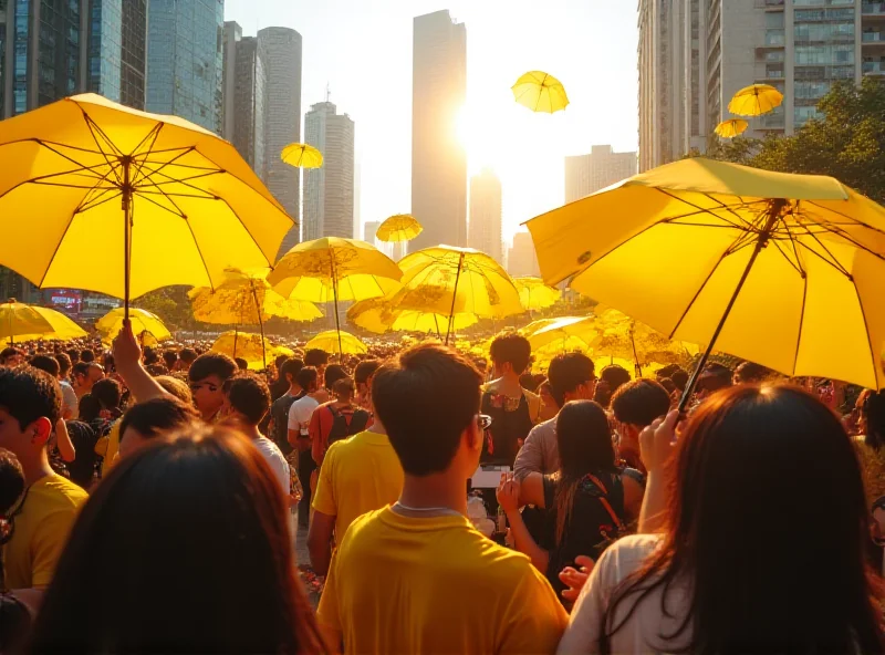 Protest in Hong Kong with banners and umbrellas