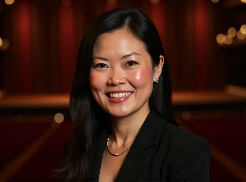 Anna Chan, the new director of the Hong Kong Academy for Performing Arts, smiling confidently in front of a theater backdrop.