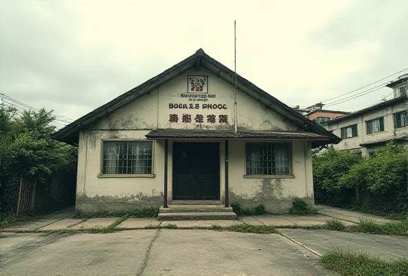 A faded photograph of the exterior of a village school in Kowloon, Hong Kong. The school appears to be a two-story building with a simple, functional design, showing signs of age and weathering.