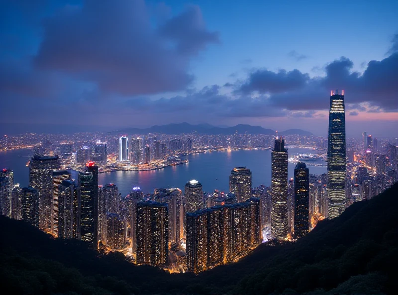 A bustling Hong Kong cityscape at dusk, with the stock exchange building prominently featured.