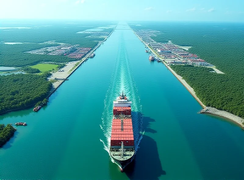 Aerial view of the Panama Canal, showing ships transiting the waterway and surrounding port facilities.