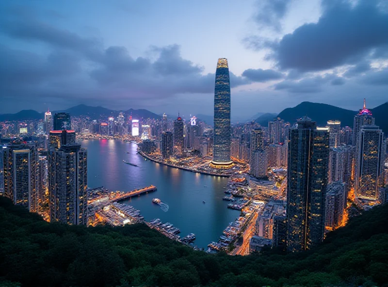 A cityscape of Hong Kong with modern skyscrapers and a bustling harbor.