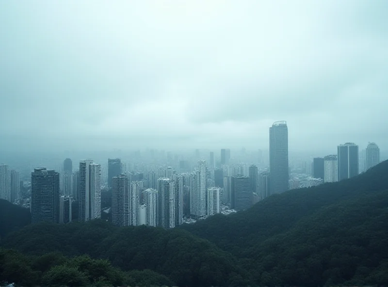 Hong Kong skyline with dark clouds and little rain falling, depicting a dry and cold weather scenario.