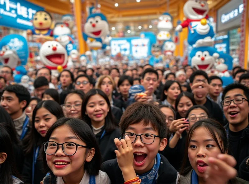 Doraemon showcase in Hong Kong with many people taking pictures.