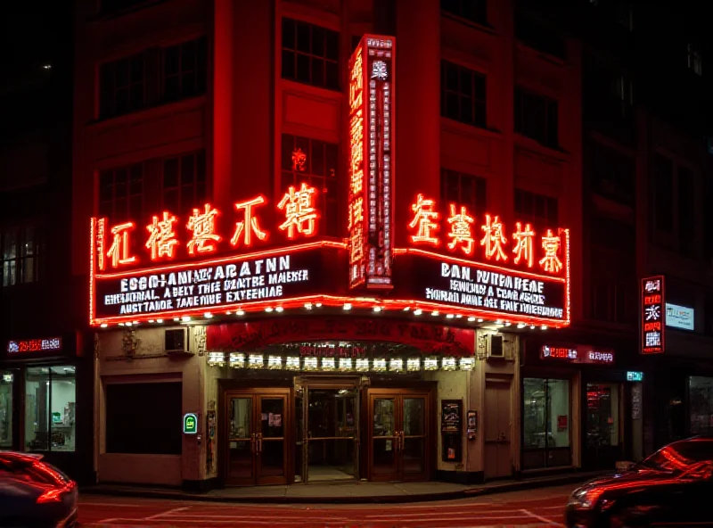 Exterior of Sunbeam Theatre in Hong Kong at night with bright neon signs.