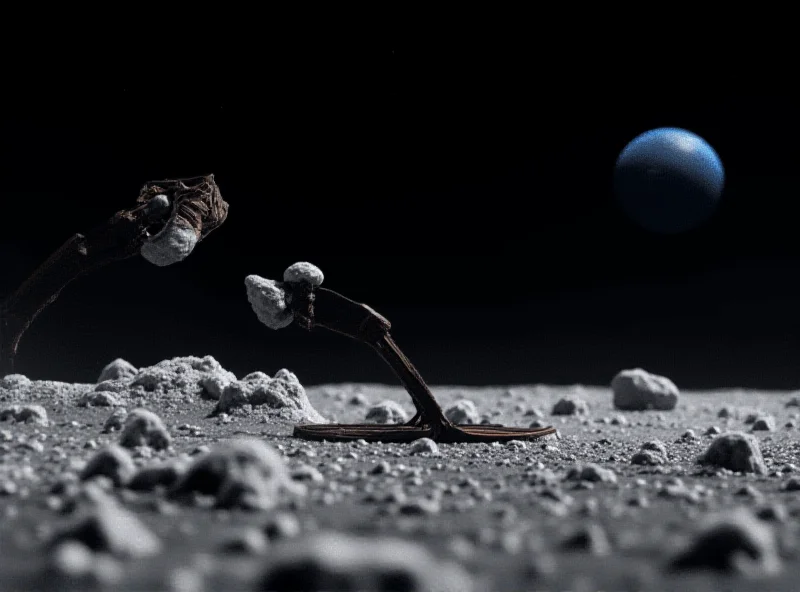 Conceptual image of a robotic arm collecting samples on the moon, with Earth visible in the background.