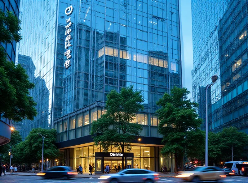 Exterior shot of the Deloitte Touche Tohmatsu office building in Taikoo Shing, Hong Kong, during the daytime. The building is modern and tall.