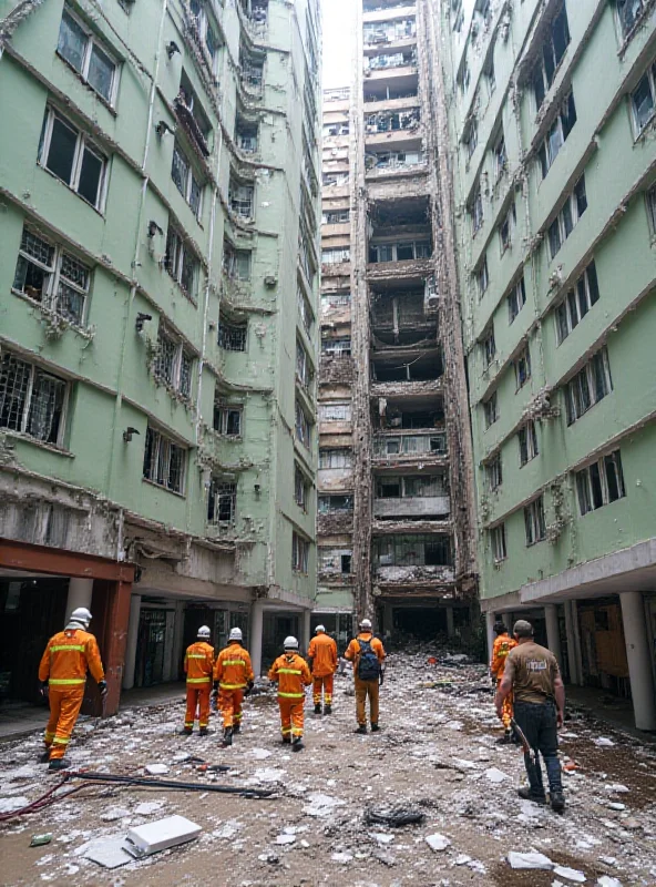 Exterior of a residential building in Hong Kong, with visible damage to one of the apartments, including a missing window and debris scattered below.