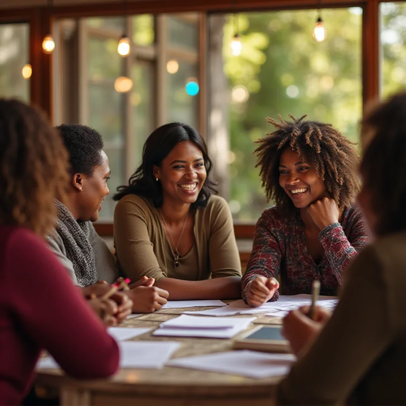 A diverse group of social workers meeting with community members in a brightly lit community center. They are engaged in a discussion, gesturing and smiling.