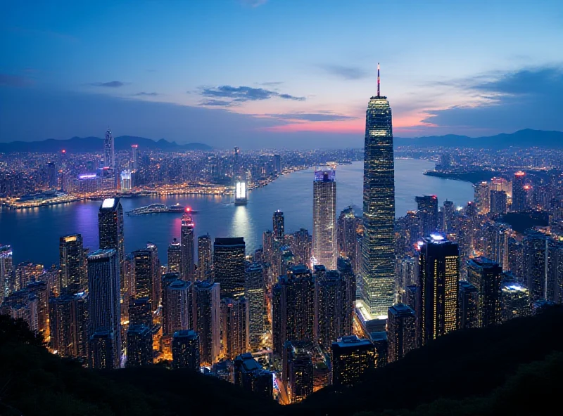 Aerial view of the Hong Kong skyline at dusk, showcasing modern skyscrapers and bustling city life, with Victoria Harbour in the foreground.