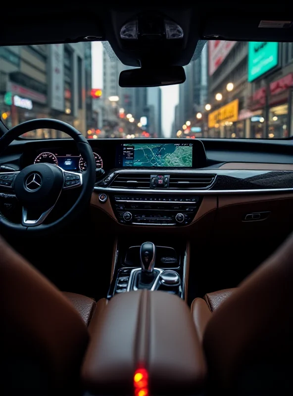 Close-up shot of a modern premium taxi in Hong Kong, focusing on its luxurious interior with leather seats and advanced technology dashboard.