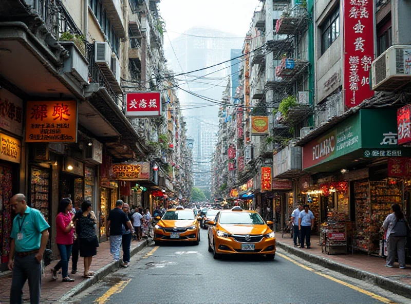 A busy street scene in Hong Kong, showing a mix of traditional shops and modern businesses, with pedestrians and taxis moving along the street.