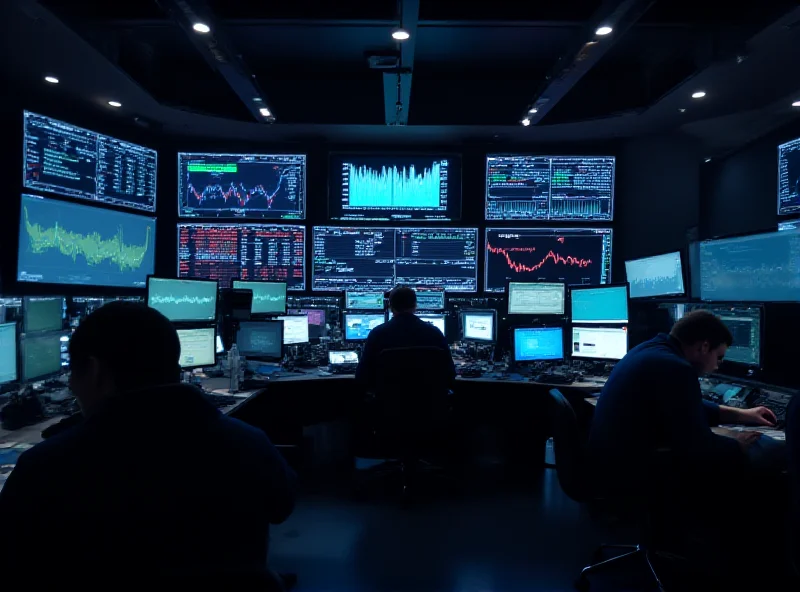 A brightly lit stock market trading floor with many screens displaying financial data and people working.