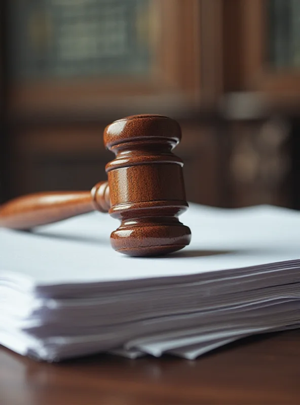 A gavel resting on a stack of legal documents with a blurred courtroom background.